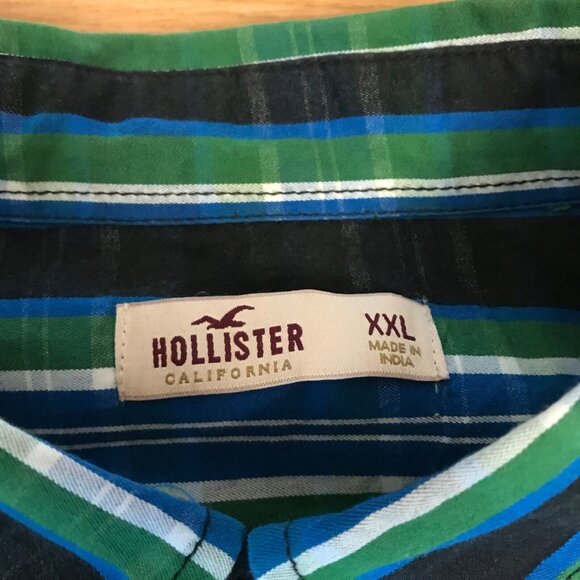 Hollister Long Sleeve Shirt M XXL Green Blue Plaid Cotton Button-Up Pocket Logo - Picture 3 of 10